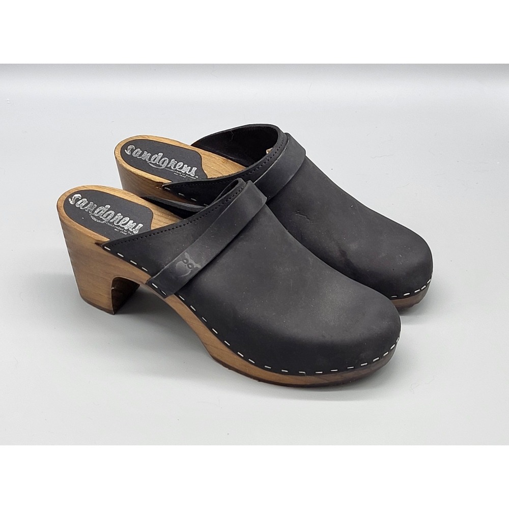 Sandgrens Sweedish Black Leather Wood 3" Heel Clogs Mules Sz 41/10